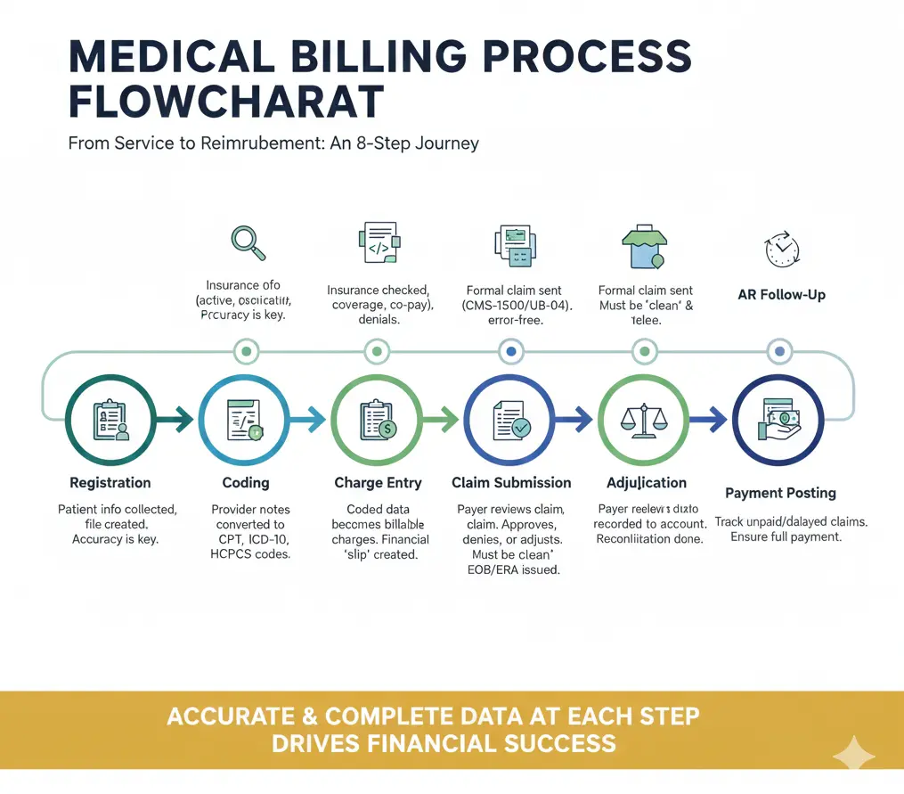 Medical Billing Process Flowchart  step by step guide infographic