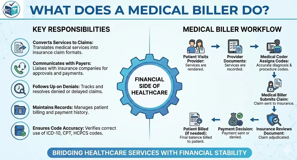 What Does a Medical Biller Do? Workflow Infographic Image