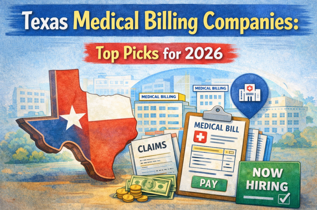 Texas medical billing companies illustration showing the Texas map, medical billing offices, claims documents, and a medical bill clipboard representing top medical billing companies in Texas for 2026.