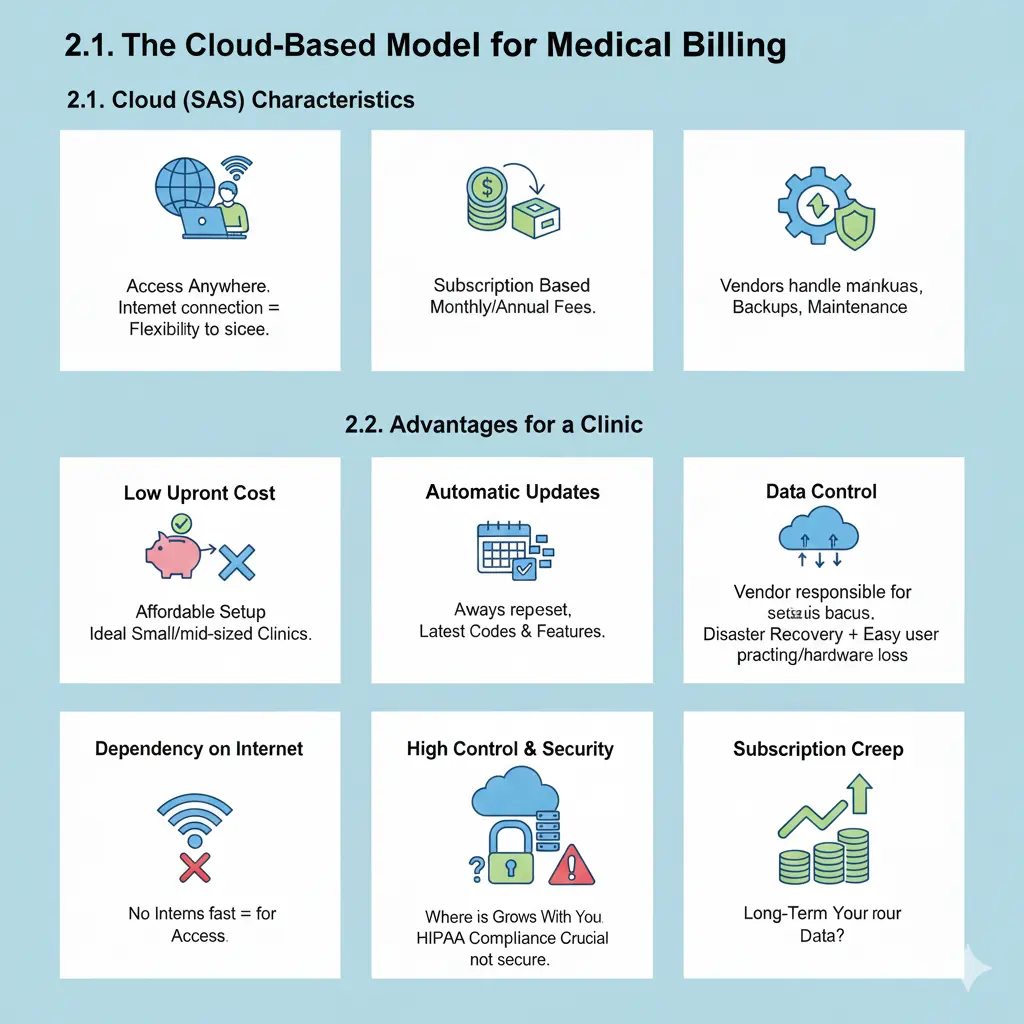Infographic explaining cloud-based medical billing model, SaaS features, advantages, and disadvantages for healthcare clinics