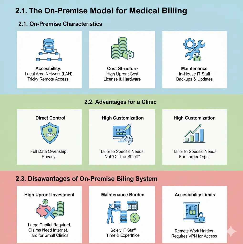 Infographic explaining the on-premise medical billing model, including setup, infrastructure, advantages, and limitations for clinics