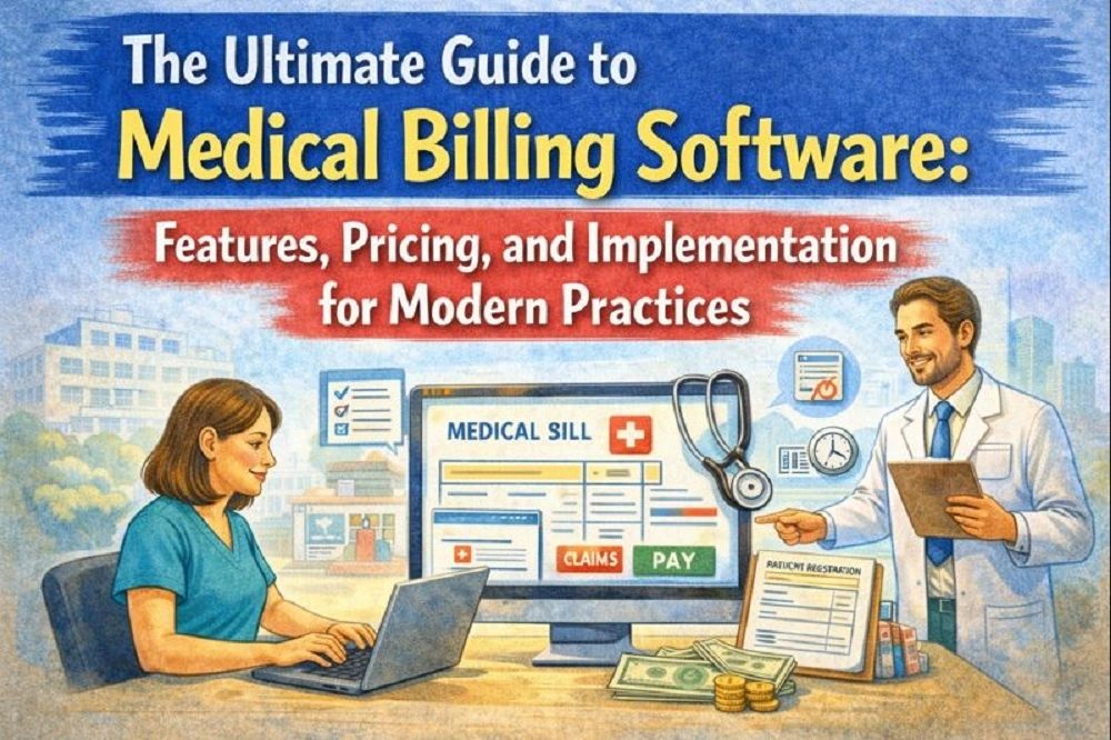 Medical billing software dashboard showing claims, payments, pricing features, and healthcare staff reviewing billing tools for modern medical practices