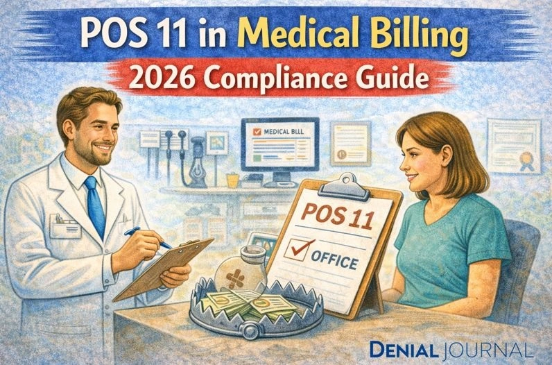 POS 11 medical billing compliance illustration showing an office visit setting with a provider, patient, and POS 11 office designation for 2026.